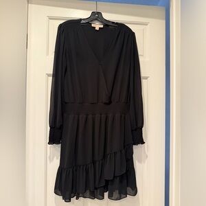 Michael Kors Black Long-Sleeve Tiered Wrap Dress